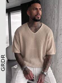 GRDR Men's Summer V-Neck Short Sleeve Knit Sweater, Perfect For Summer Outings, Essential Fashion Piece - Apricot - View 2