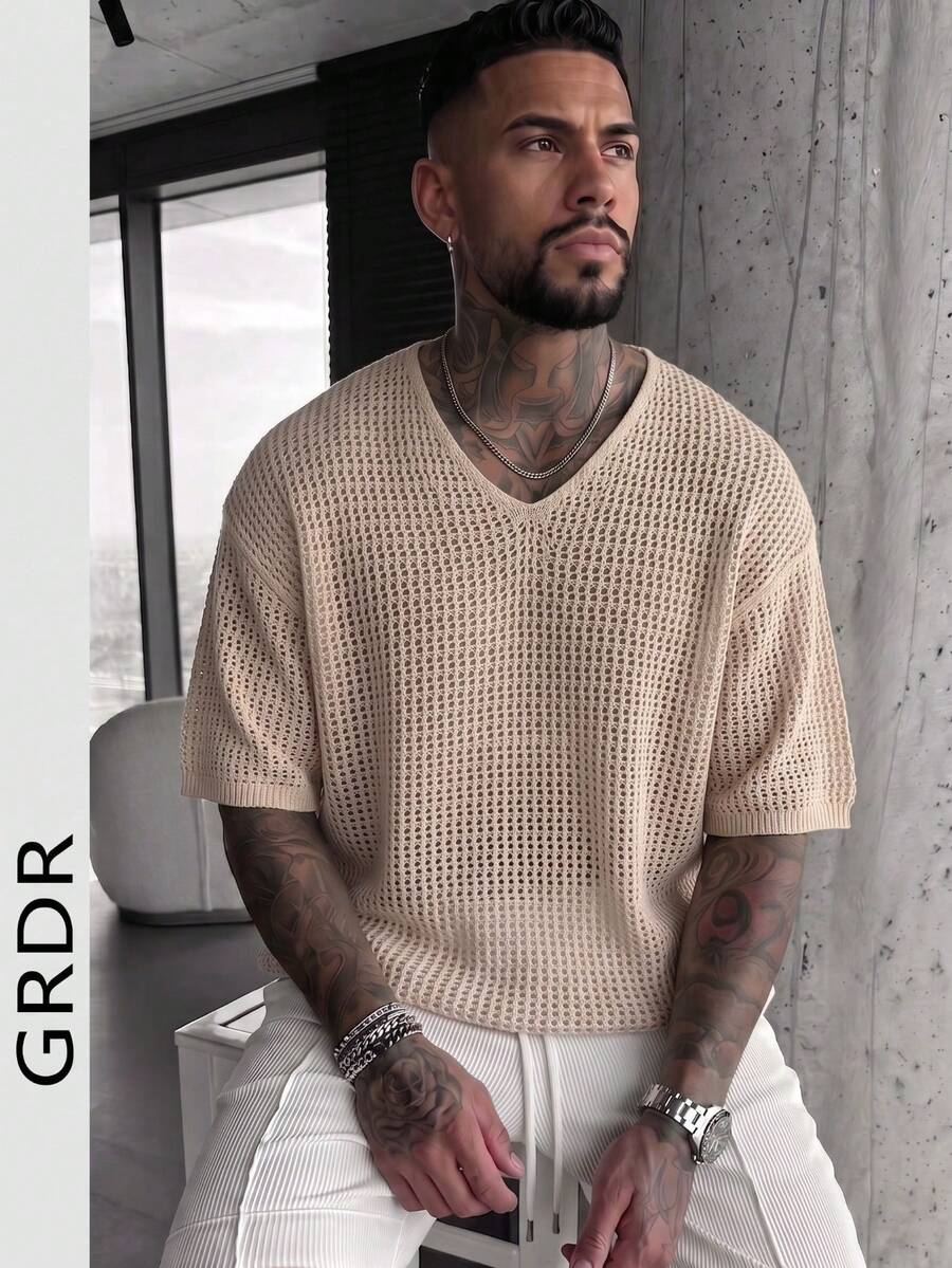 GRDR Men's Summer V-Neck Short Sleeve Knit Sweater, Perfect For Summer Outings, Essential Fashion Piece