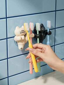1/2 buah Rak Penyimpanan Gantung Dinding Bentuk Kucing Lucu, 2-in-1 Tempat Sikat Gigi + Penjepit Kabel, Kait Perekat Tanpa Bor dengan Cangkir Hisap, Cocok untuk Penyimpanan Kabel Pengisi Daya di Wastafel Kamar Mandi/Meja, Bahan Silikon - MultiWarna - View 3