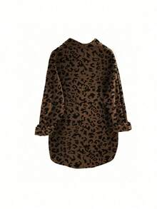 Blus Wanita Ukuran Besar Motif Leopard Lengan Panjang Berpotongan Lebar dengan Leher V, Panjang Standar, Atasan Musim Gugur yang Modis - Rust Brown - View 4