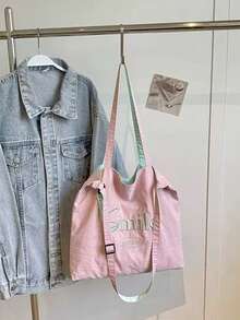 甜美高吸引力字母刺繡 Ins 風格女款單肩斜挎包，小眾時尚百搭設計，可愛甜美女孩雙面大容量托特包 - 粉色 - 查看 3
