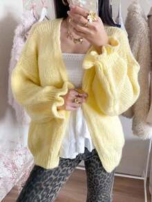Women's Autumn/Winter New Style Solid Color Cardigan With Ruffled Cuffs - Sweet, Casual, Elegant Top For Home & Dating - Yellow - View 5
