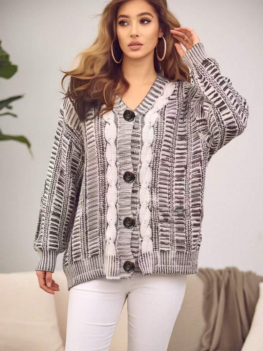 Autumn/Winter Fashion Contrast Color Elegant Mature Commuter Women's Plus Size Knit Cardigan Jacket European And American Style Cable Knit Drop Fall - Multicolor - View 1