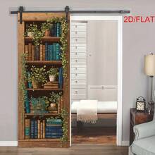 2Pcs/Set Vintage Fake Bookshelf Door Stickers Cottage Core 2D Visual Ivy Plant Bookcase Removable PVC Illusion Vertical Wall Decals For Bedroom Hidden Door Home Decor - A - View 8