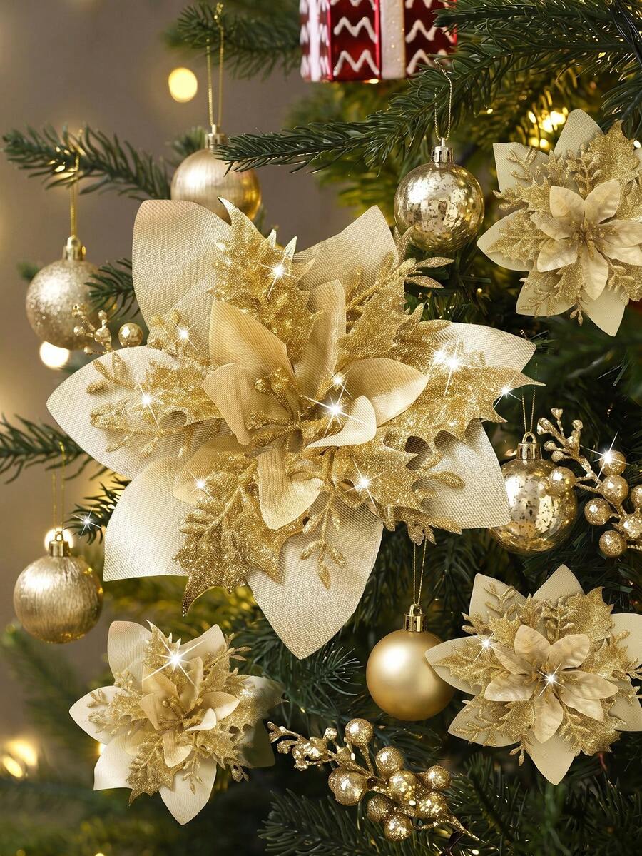 1/10/20/30pcs Shiny Red Christmas Tree Hanging Ornaments With Clips, DIY Christmas Wreath Party Decoration Flowers, Home Decor, Party & Holiday Decoration Flowers, Gift Box Decoration (Gold)