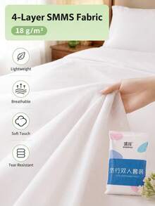 1 pieza Juego de ropa de cama desechable para viaje que incluye sábana, edredón y funda de almohada, adecuado para hotel, motel, estilo, color y empaque aleatorios - Blanco - Ver 9