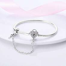 1pc S925 Sterling Silver Snake Chain All-Match Bracelet, Multiple Pink Diamond Heart Clasp With Safety Chain, Hollow Carved Design, Heart-Shaped Main Stone, Customizable DIY Beaded, Comes With Gift Box, Gentle Girl Style, Versatile Handmade Jewelry Base For Gifting - Multicolor - View 2