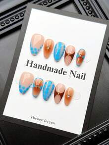 10 piezas de uñas postizas de forma almendrada corta hechas a mano, estilo Y2K, esquema de color azul y marrón, adecuadas para varias ocasiones, set de uñas postizas de acrílico de alta calidad - Multicolor - Ver 1