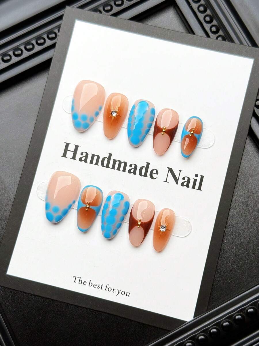 10 piezas de uñas postizas de forma almendrada corta hechas a mano, estilo Y2K, esquema de color azul y marrón, adecuadas para varias ocasiones, set de uñas postizas de acrílico de alta calidad - Multicolor - Ver 1