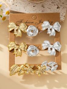2-12PCS Gold & Silver Dual Color Bow & Flower Earrings Set - Gold + Silver - View 4