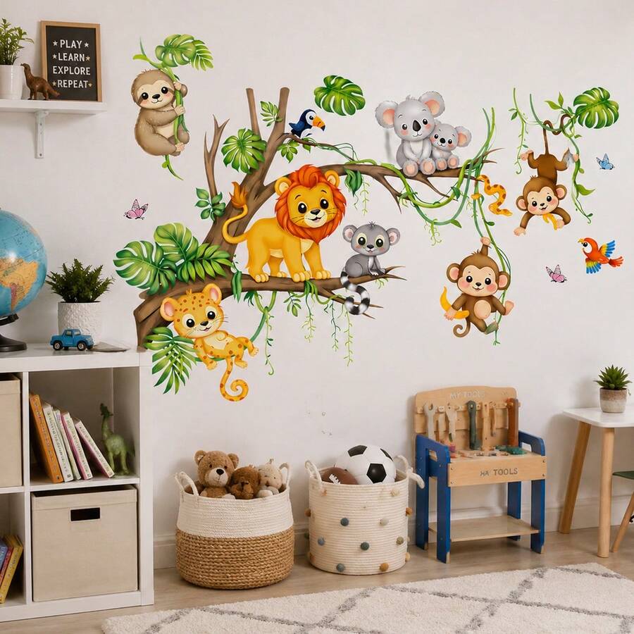 Jungle Animal Wall Stickers, Cartoon Animal Decals With Leaves, Tropical Theme Wall Art, Removable Adhesive Wall Decor - Jungle Animal Wall Stickers - View 1
