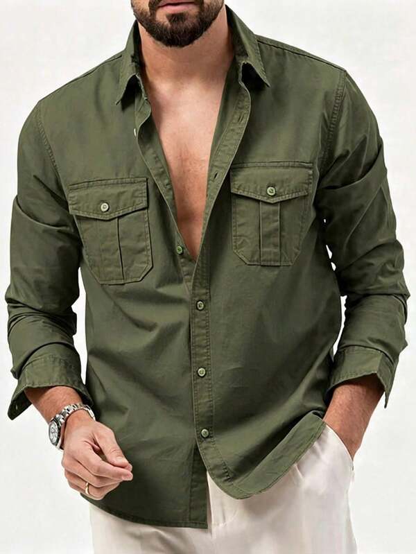 Camisa Slim Fit Masculina Manga Longa Estilo Cargo Diário