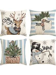 Set Of 4 Polyester Fabric Christmas Gloves & Snowman Pattern Printed Pillowcases (without Filling) - Blue - View 7