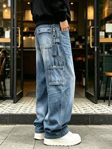 Whitmere Men's Street Style Washed Blue Practical Multi-Pocket Cargo Denim Jeans - Navy Blue - View 3