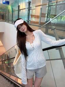 Women's Slouchy Striped Zipper Long Sleeve Hooded Cover Up Jacket, Summer Versatile Casual Sun Protection Cover-Up Top - Sky Blue - View 3