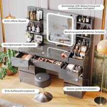 Devoko Modern Dressing Table With LED Mirror, 3 Light Colors And Dimmable Brightness, Vanity Table With 7 Drawers, Open Shelves And Optional Stool, Dressing Cabinet For Bedroom, White/Black/Pink/Vintage - Grey - View 5