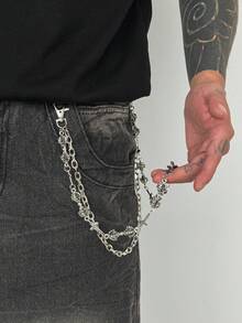 1件復古哥德金屬牛仔腰鏈，十字架與魔杖串珠混色鏈條長褲鏈，中性街頭風配件 - 白K - 查看 2