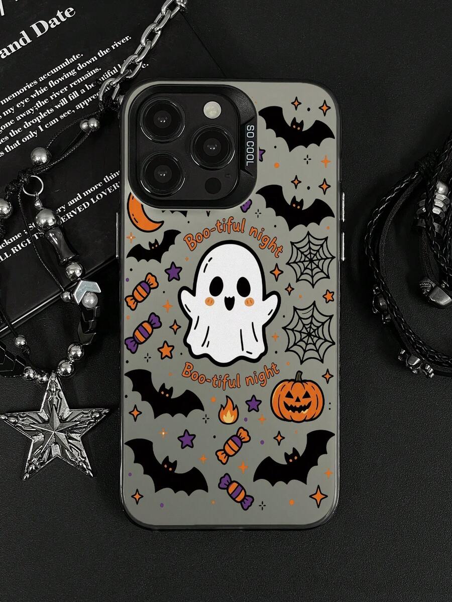 1 buah Casing Ponsel Lucu Bergambar Hantu, Kelelawar, , Permen, Jaring Laba-laba, dan Pola Halloween Inggris yang Indah, Bingkai Lensa Logam Timbul Berwarna-warni Perak Matte, Perlindungan Penuh, Cangkang Keras Anti-Jatuh, Tanpa Tali, Kompatibel dengan Semua Model Apple, Lembut, Menggemaskan, Kekanak-kanakan, Halloween, Niche, Casing Pelindung Ponsel Unisex - Perak - View 1