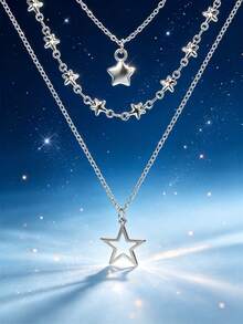 1/3pcs Silver Metal Handmade Chain Star Moon Pendant Multi-Layer Necklace - Silver - View 3