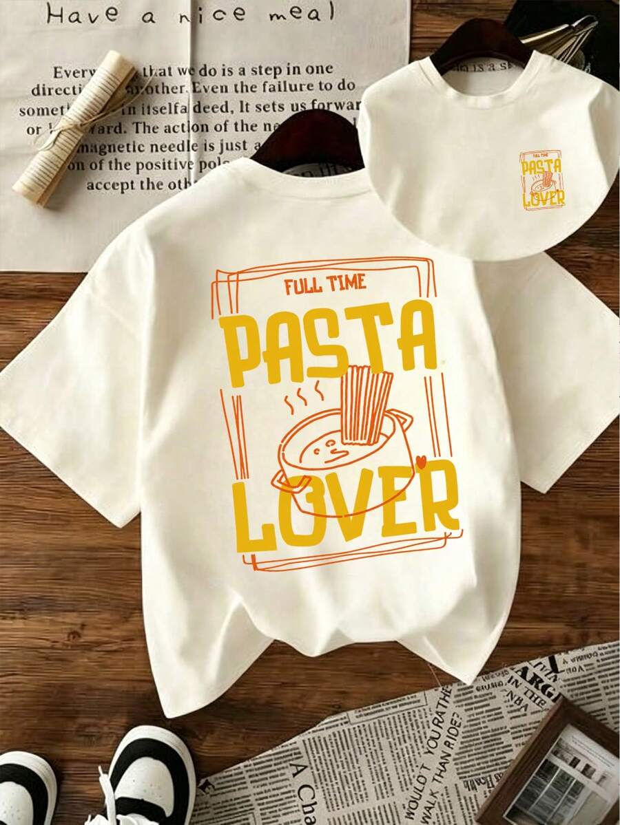 Lässiges Kurzarm-T-Shirt mit lustigem italienischem Pastamuster für Teenager-Mädchen - Aprikosenfarben - Übersicht 1
