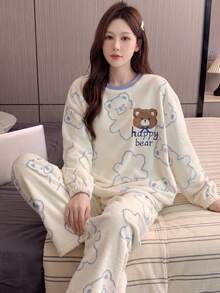 两件套女士舒适法兰绒睡衣套装，小熊刺绣上衣和长裤，蓬松印花圆领家居服，两件套，秋冬服装，舒适保暖 - 杏色 - 查看 3