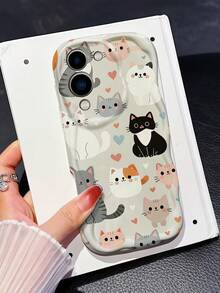 1 buah Casing Ponsel Lucu dengan Tepi Bergelombang, Motif Kartun Kucing dan Hati, Bahan TPU Lembut, Tahan Guncangan, Kompatibel dengan Ponsel Seri 1000. - Putih - View 5