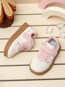 Sweet Little Heart Embroidered Girls' Low-Top Sneakers, Colorblock Soft Sole, Hook & Loop Closure, Casual Daily Commute Shoes For Toddlers - Beige - View 5