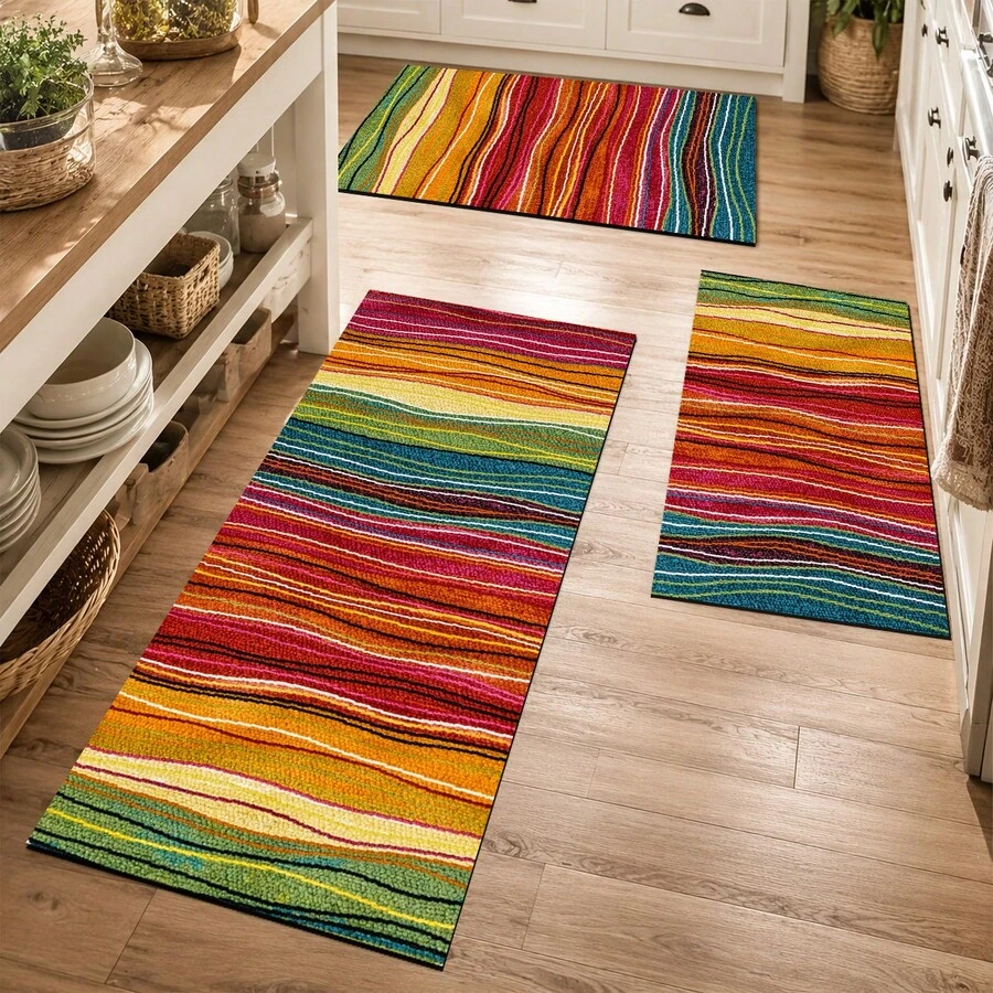 1 pieza Alfombrilla de cocina de tierra de diatomeas con patrón de rayas 2D de colores, alfombrilla de secado rápido y absorción rápida antideslizante para cafetera y alfombrilla de secado de platos, adecuada para encimera de cocina y decoración del hogar - Multicolor - Ver 1
