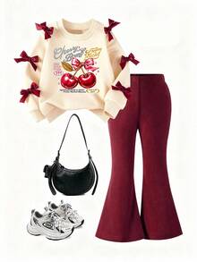 Girls' Simple Fashion Red Bow Cherry Print Apricot Top And Red Pants Sports Set, Autumn/Winter - Apricot - View 2