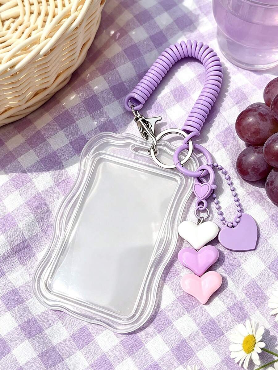 Transparent Wavy Card Holder With Portable Spring Rope Design, Heart Pendant Design, Durable Fashion Accessory, Suitable For Women, Cute And Practical Plastic Keychain, Campus Essential, Fashion Keychain, Cute Heart Pendant, Suitable For ID Cards, Credit Cards, Bus Cards And Keys - Multicolor - View 1