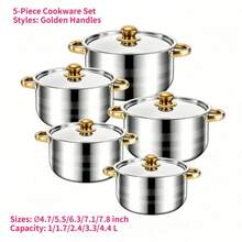 5Pcs Stainless Steel Soup Pot Set With Lids, Double Handle Cookware, 1L/1.7L/2.4L/3.3L/4.4L, Compatible With Induction & Gas Cooktop - Gold - View 8