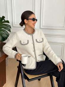 Elegant Women's Ivory Knit Cardigan With Long Sleeves, Round Neck, Contrast Piping, Patch Pockets, And Button Front For Fall And Winter Outfits - White - View 3