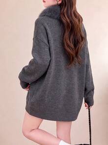 Jaket Kardigan Rajut Longgar Kasual Elegan Musim Gugur/Dingin untuk Wanita - Grey - View 2