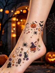 30pcs Halloween Temporary Tattoo Stickers - Colorful Realistic Fun Patterns: Spider, Pumpkin, Ghost, Cat, Witch, Bat, Etc. Waterproof Semi-Permanent, Suitable For Men And Women On Fingers, Arms, Behind Ears, Ankles, Collarbones, Etc. - Multicolor - View 4