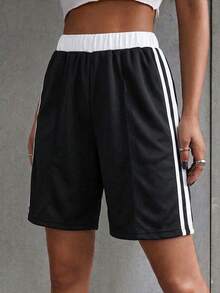1pc Tween Girls' Casual Sports Elastic Waist Color Block Shorts, Bermuda, Spring Summer Autumn Winter - Black - View 6