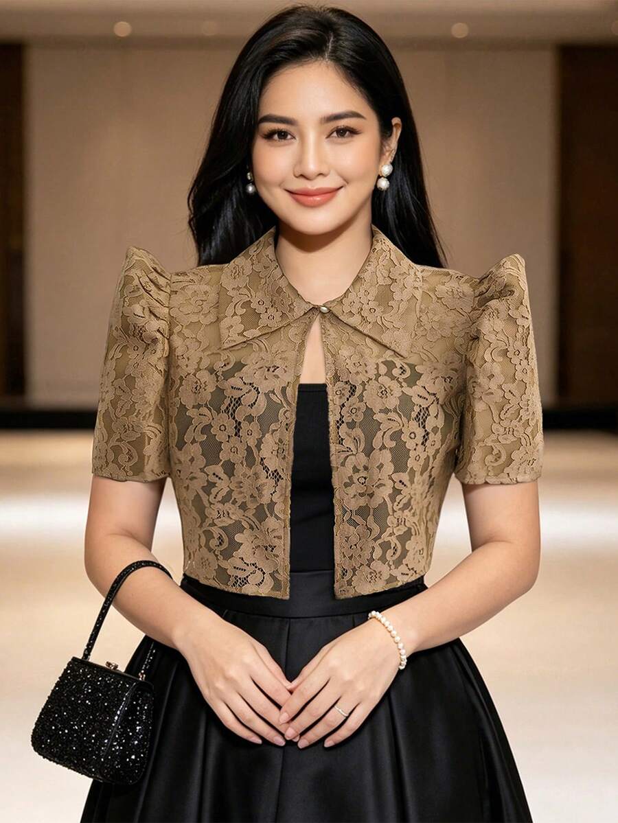 現代菲律賓風女款上衣,蝴蝶袖菲律賓風,夏季優雅花卉拼接泡泡袖鏤空上衣 - 棕色 - 查看 1