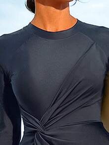 HaiiMeid Solid Color Side Twist Long Sleeve Top And Pants Beach Resort Swimwear Set Vacation Summer - Dark Grey - View 6