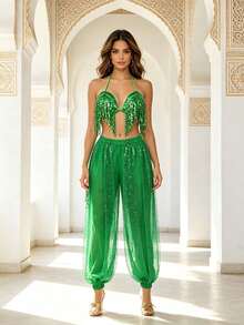 Deep V Sequin Fringe Crop Top With Gold Dot Mesh Loose Harem Trousers, Exotic Style Stage Party Dance Sexy Two Pieces Outfit (Multiple Colors Available) - Multicolor - View 5