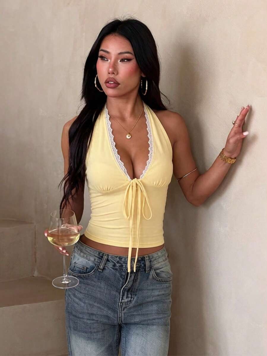 V-Neck Lace Trim Halter Neck Summer Women's Yellow Top, Bow Tie Short Top, Simple Fashion Suitable For Daily, Vacation, Date Outfits - Yellow - View 1