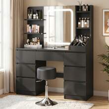 Devoko Modern Dressing Table With LED Mirror, 3 Light Colors And Dimmable Brightness, Vanity Table With 7 Drawers, Open Shelves And Optional Stool, Dressing Cabinet For Bedroom, White/Black/Pink/Vintage - Black and Dark Gray Stool - View 2
