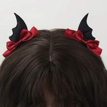 Halloween 2 Pieces Wing And Bow Hair Accessory For Women, Halloween Back-To-School Season Costume Hair Clip - Black and Red - View 3