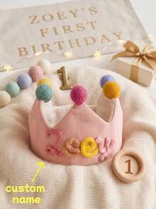 Customized Knitted Name Baby Crown Beanie, Colorful Pom Pom Decoration, 1st Birthday Photo Prop - Multicolor - View 1