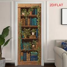 2Pcs/Set Vintage Fake Bookshelf Door Stickers Cottage Core 2D Visual Ivy Plant Bookcase Removable PVC Illusion Vertical Wall Decals For Bedroom Hidden Door Home Decor - A - View 4