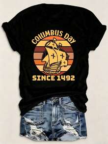 Unisex T-Shirt-Vintage Columbus Day Women's T-Shirt, Black Gift Top, Suitable For All Seasons, Fashionable Y-Shaped Design,, Comfortable-L88 - Black - View 1
