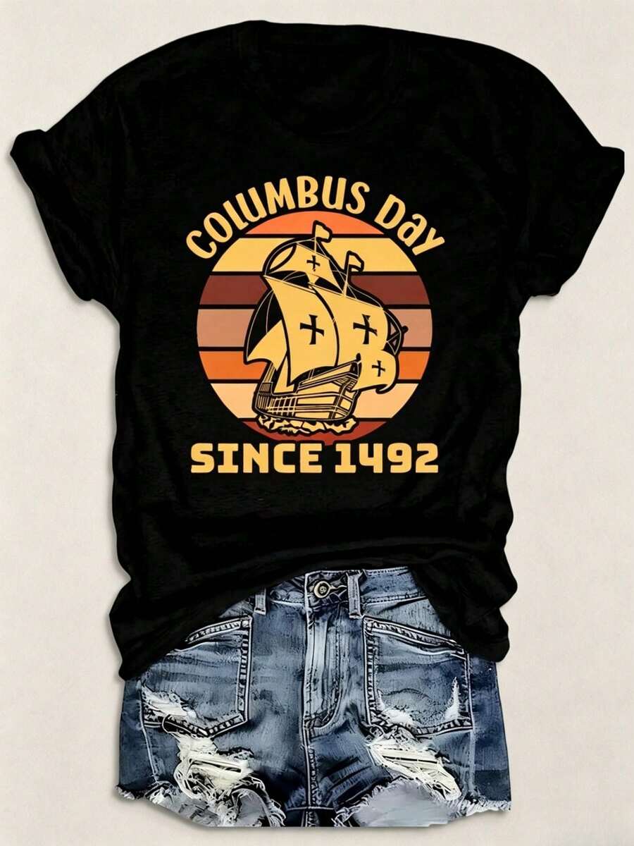 Unisex T-Shirt-Vintage Columbus Day Women's T-Shirt, Black Gift Top, Suitable For All Seasons, Fashionable Y-Shaped Design,, Comfortable-L88 - Black - View 1