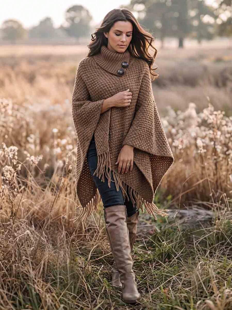 SEREN Vintage High Neck Button Tassel Knit Cape, Loose Asymmetrical Shawl Cover Up, Autumn/Winter Fashion - Khaki - View 1