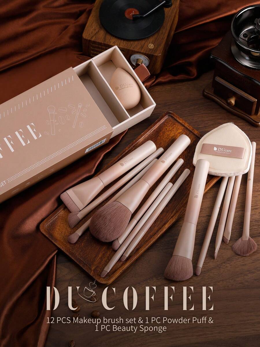 docolor 12件組 DU COFFEE 化妝刷套組 | 全臉與眼妝刷，純素無殘忍合成刷毛配木製手柄，旅行必備專業化妝刷套組 | 聖誕節、生日與情人節完美禮物