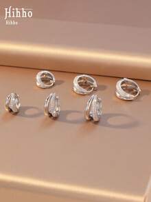Hihho 3 Pairs European And American Copper Zirconia Double Hoop Earrings Set, Small, Medium And Large Sizes, Delicate And Versatile, Lightweight Luxury Style, Unisex Stackable Earring Set Suitable For Daily, Holiday, Travel, Work And Commute Wear - Earrings Set - View 7