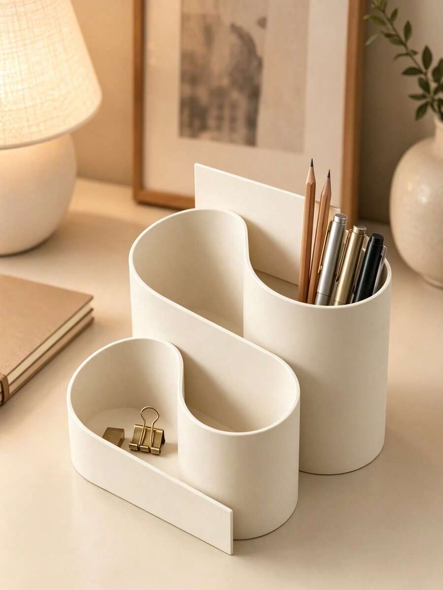 3D Printed Ivory Plastic Multi-Compartment Desktop Organizer, With Wavy Pen Holder And Pencil Cup, Modern Wavy Style Storage Box, Suitable For Home Office, Bookshelf, Workspace, Perfect Gift For Students, Writers, Office Workers, Aesthetic Stationery Organizer - Multicolor - View 1