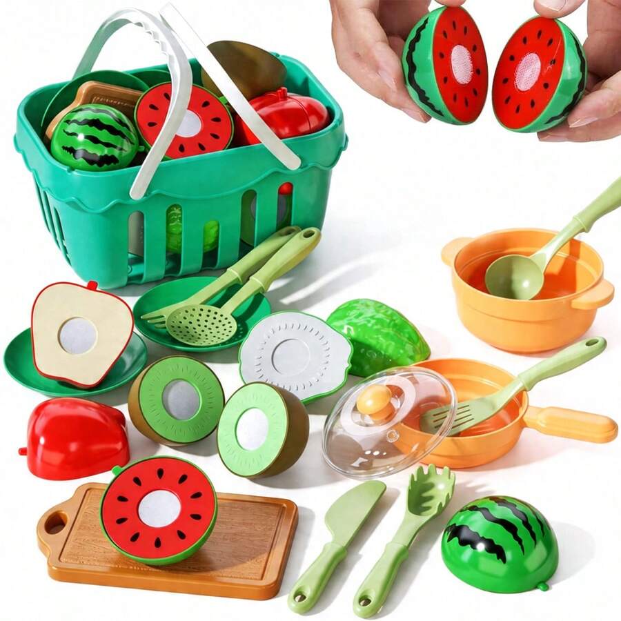 17pcs Kids Pretend Play Fruit & Vegetable Cutting Toy Set - Kitchen Food Toy Set With Basket, Cooking Tools And Hook And Loop Cutting Toys, Educational Role Play Toys - Multicolor - View 1